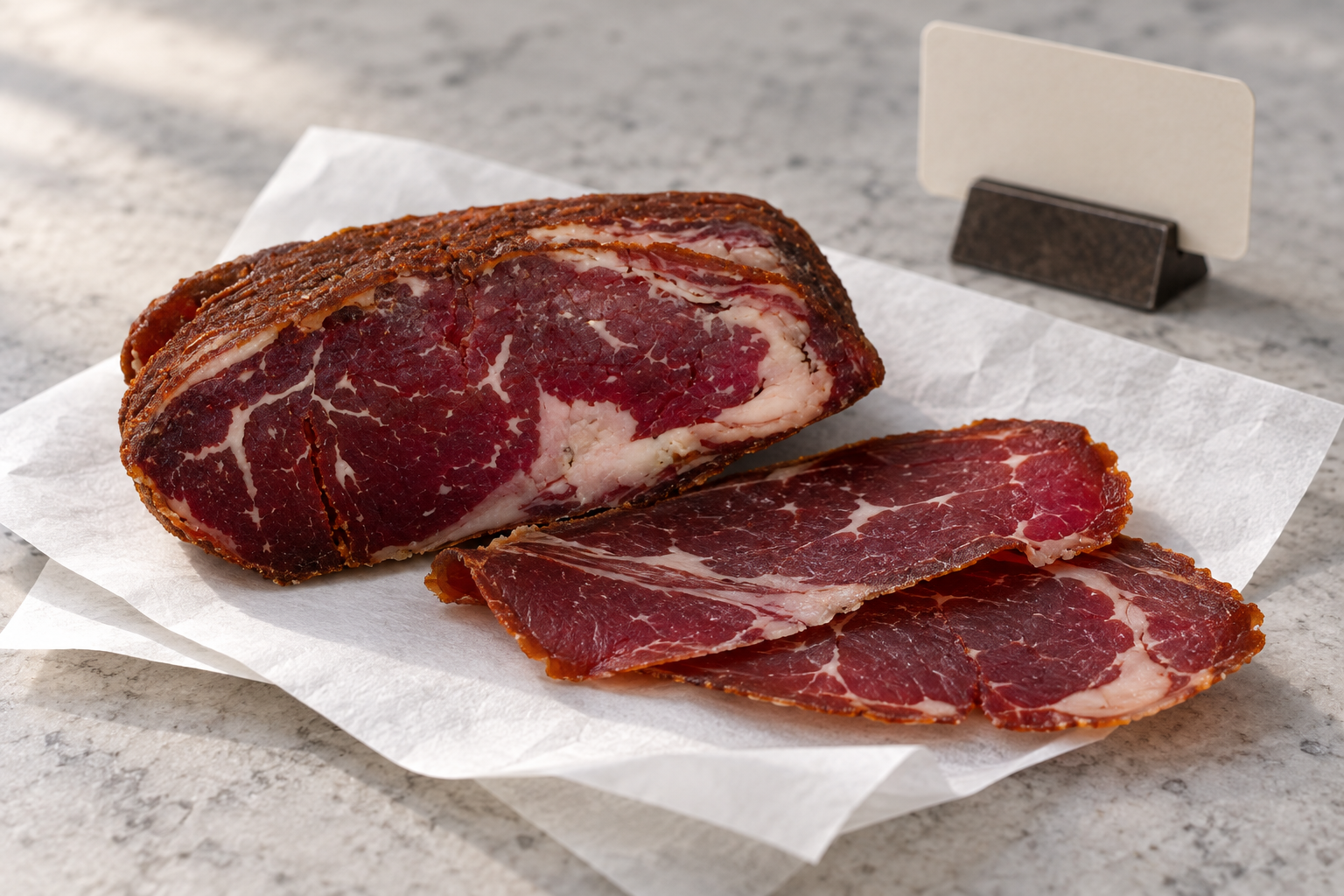Кусок вяленого мяса с жировыми прослойками и два ломтика на белой бумаге у оборотной стороны карточки на прилавке